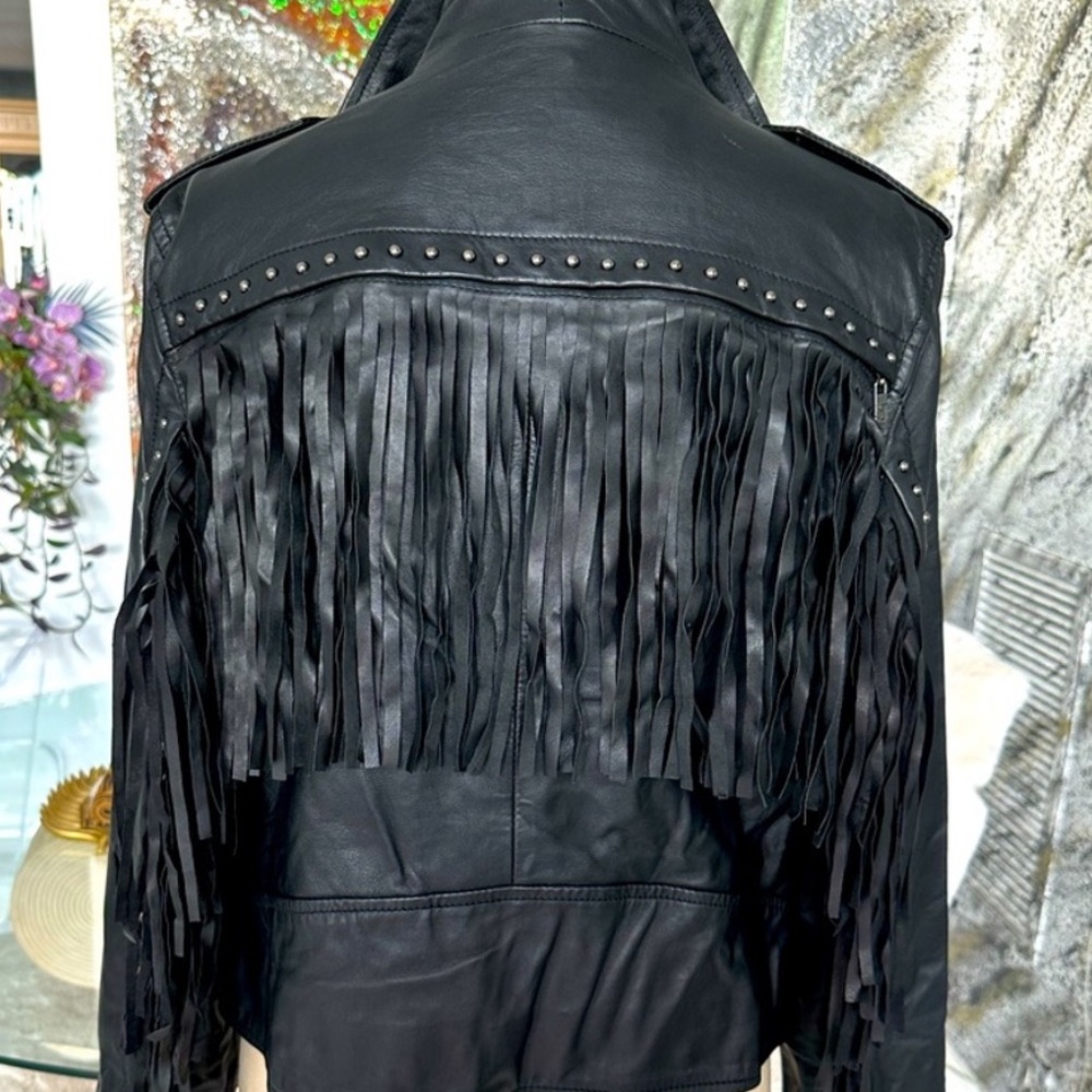 Leather Fringe Studded Motorcycle Jacket with Removable Fringe - Picture 6 of 17